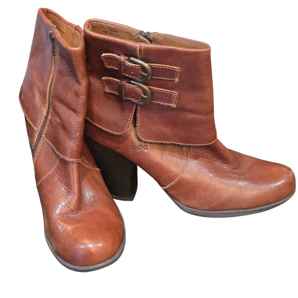 b.o.c. Brown Leather Fold Over Buckle Ankle Boots Round Toe Cone Heel 8.5 40